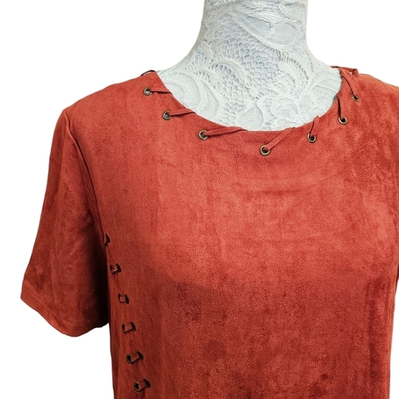 Anthropologie Moon River Boho Deep Orange Faux Suede Short Sleeve Top Medium - Picture 8 of 12